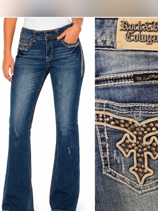 Rock & Roll Cowgirl Denim - Rock & Roll Cowgirl Y2K Women's Dark Blue Studded Bootcut Jeans Size 27